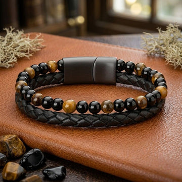 Bratara Barbati din Piele Naturala Neagra si Pietre Semipretioase Ochi de Tigru si Onix Mat, 8mm, Inchizatoare Magnetica din Otel Inoxidabil, Negru/Maro