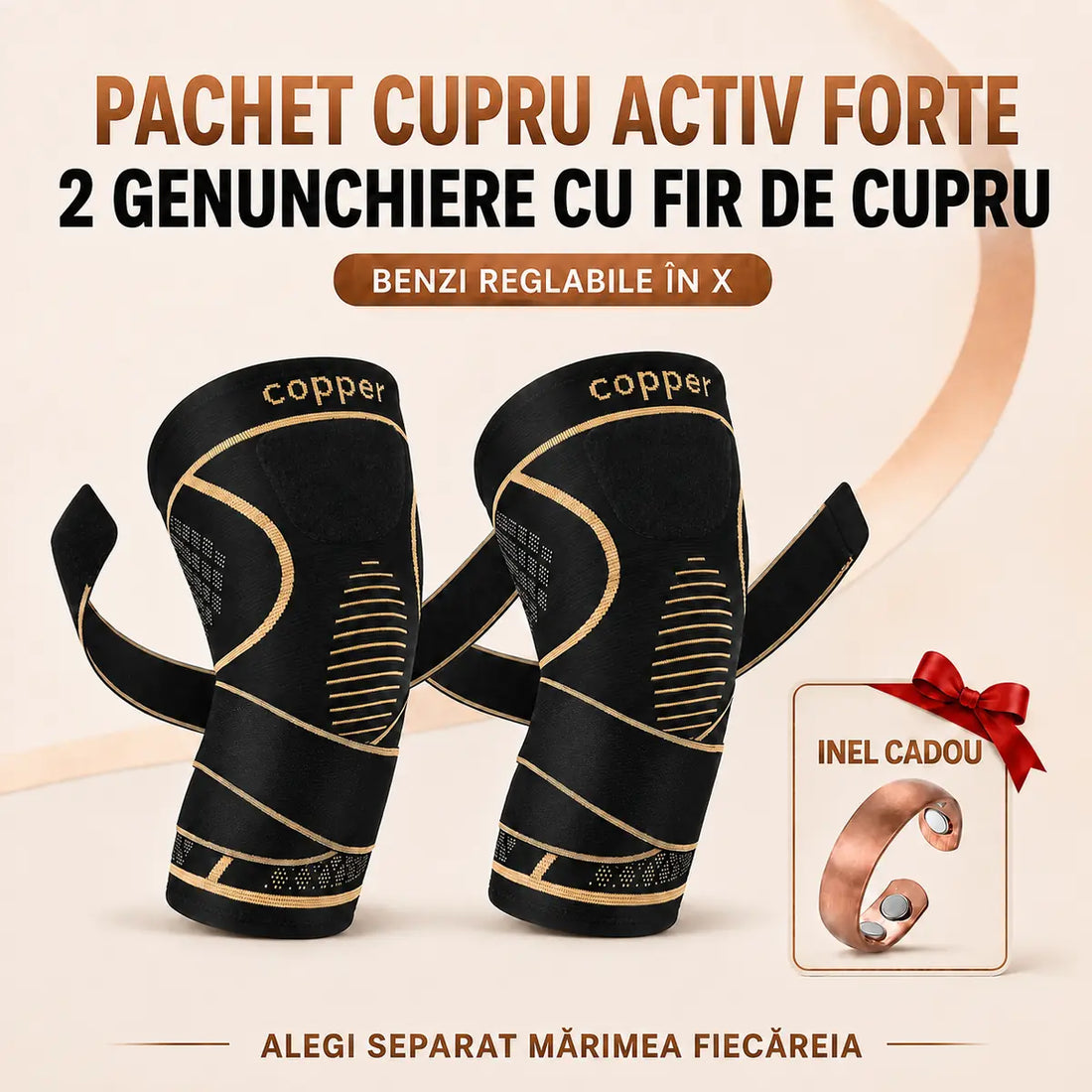 Pachet Cupru Activ Forte cu două genunchiere cu fir de cupru, benzi reglabile în X și inel magnetic din cupru cadou