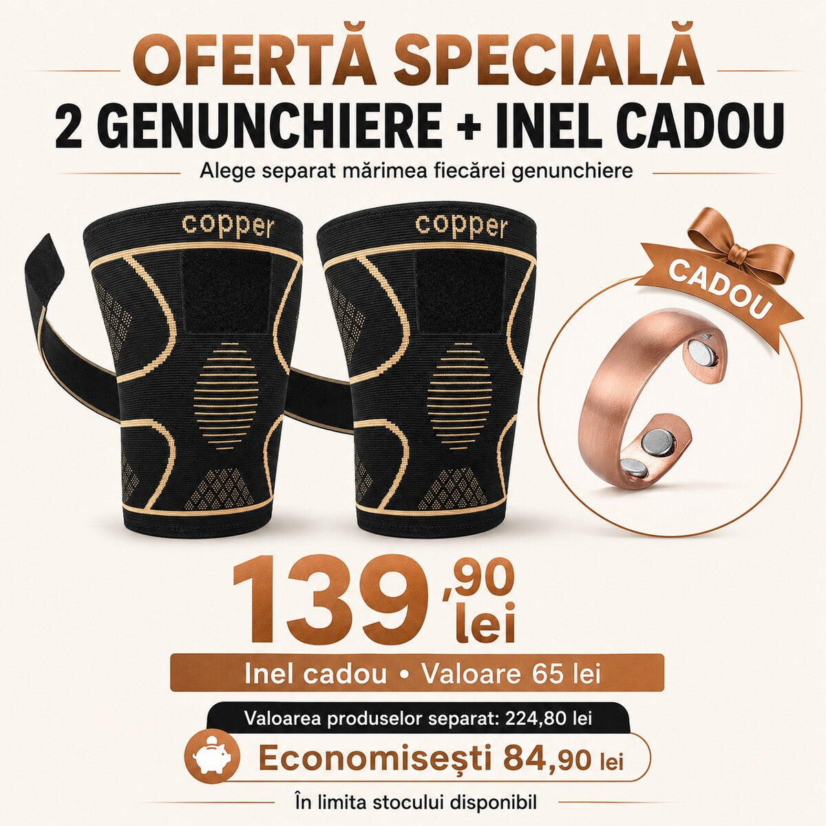 Pachet Duo cu două genunchiere din fibre de cupru și inel din cupru cadou