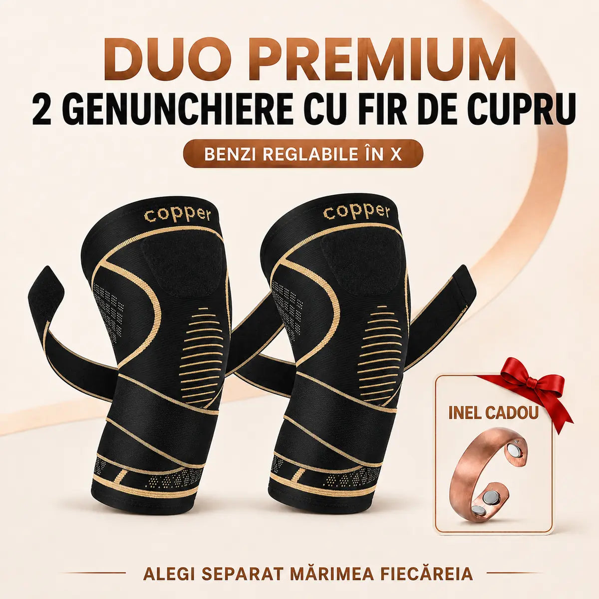 Pachet Cupru Activ Forte cu două genunchiere compresive și Inelul Clasic din cupru cu 4 magneți, unisex și reglabil, inclus cadou