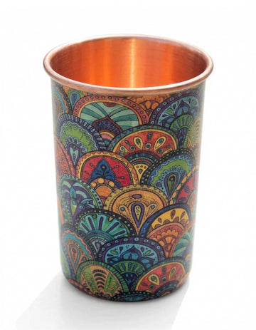 Pahar din Cupru Pur "Mena", 250 ml, Design Mandala Vibrant, Lucrat Manual în India, Puritate 99.89%, Beneficii Ayurveda,