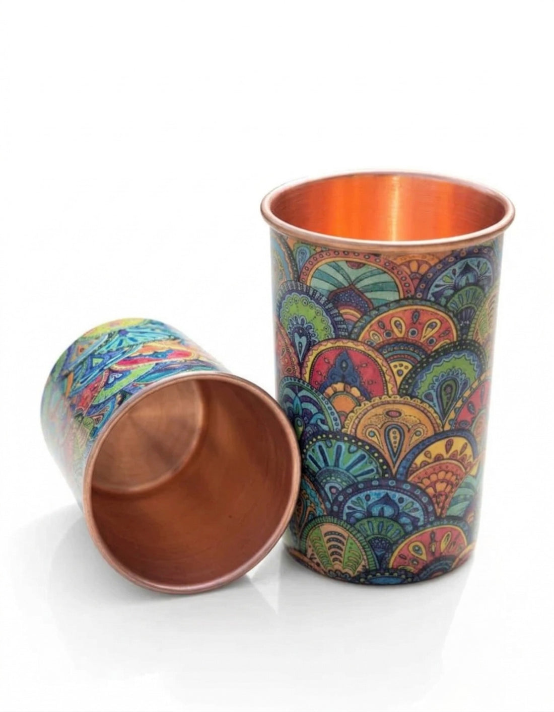 Pahar din Cupru Pur "Mena", 250 ml, Design Mandala Vibrant, Lucrat Manual în India, Puritate 99.89%, Beneficii Ayurveda,