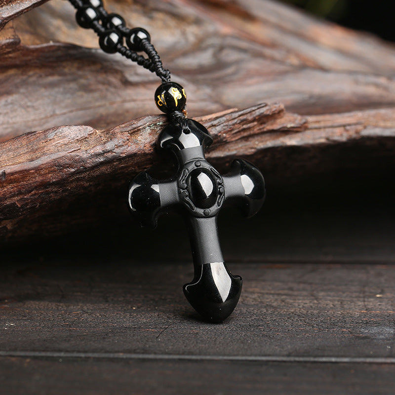 colier cu pandantiv cruce din obsidian negru