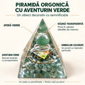 Piramidă orgonică cu aventurin verde – explicații despre sfera verde, rășina transparentă, pietre și simbolurile decorative