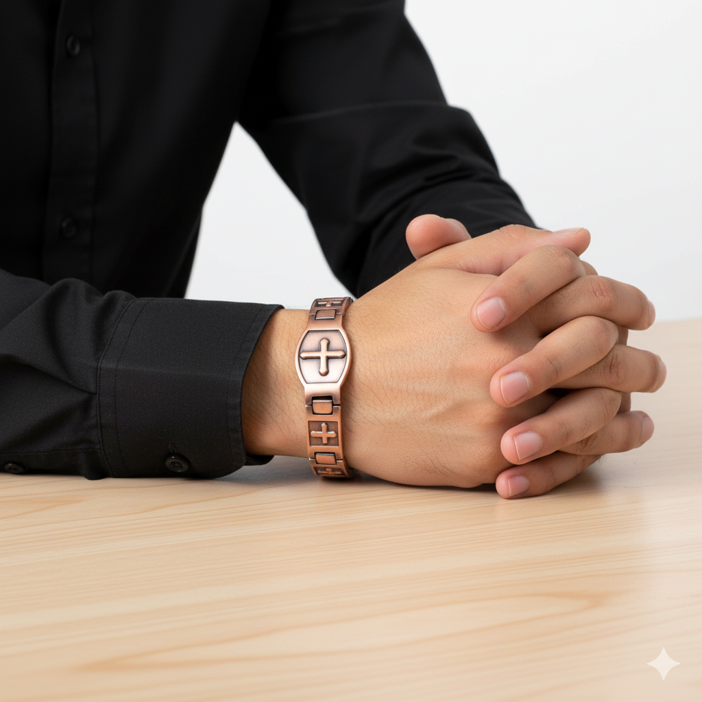 bratara ortodoxa din cupru pentru barbati cu magneti si simbolul crucii 