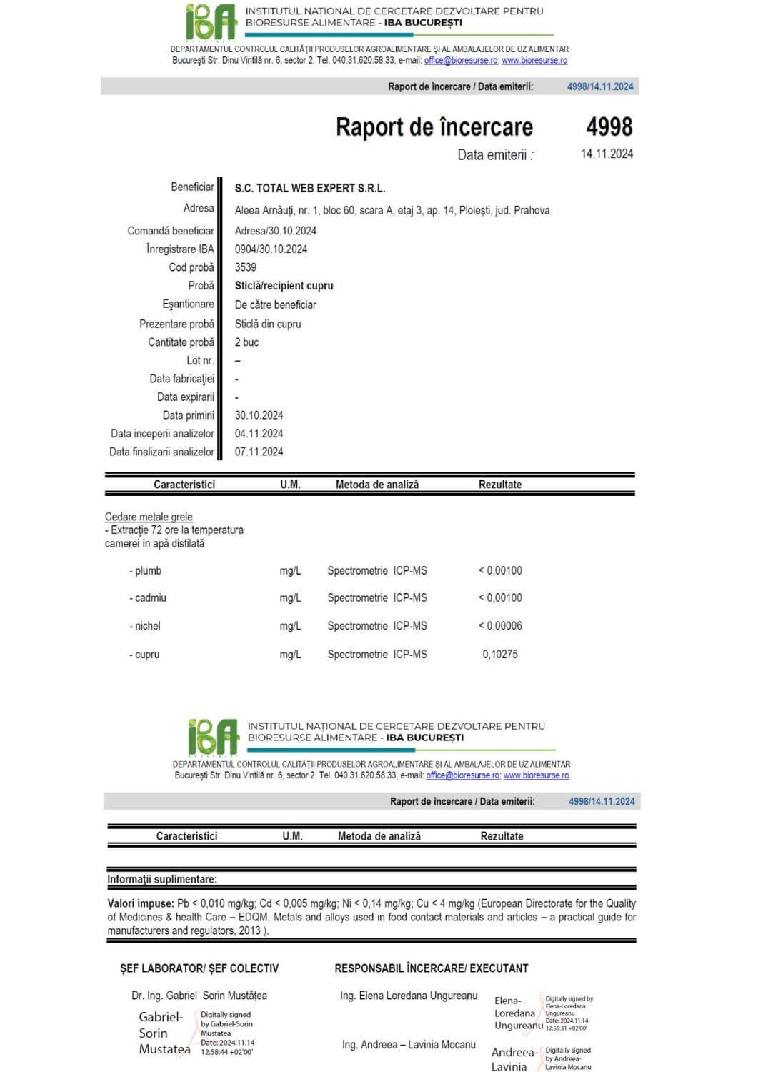 Raport de verificare pentru recipientele din cupru