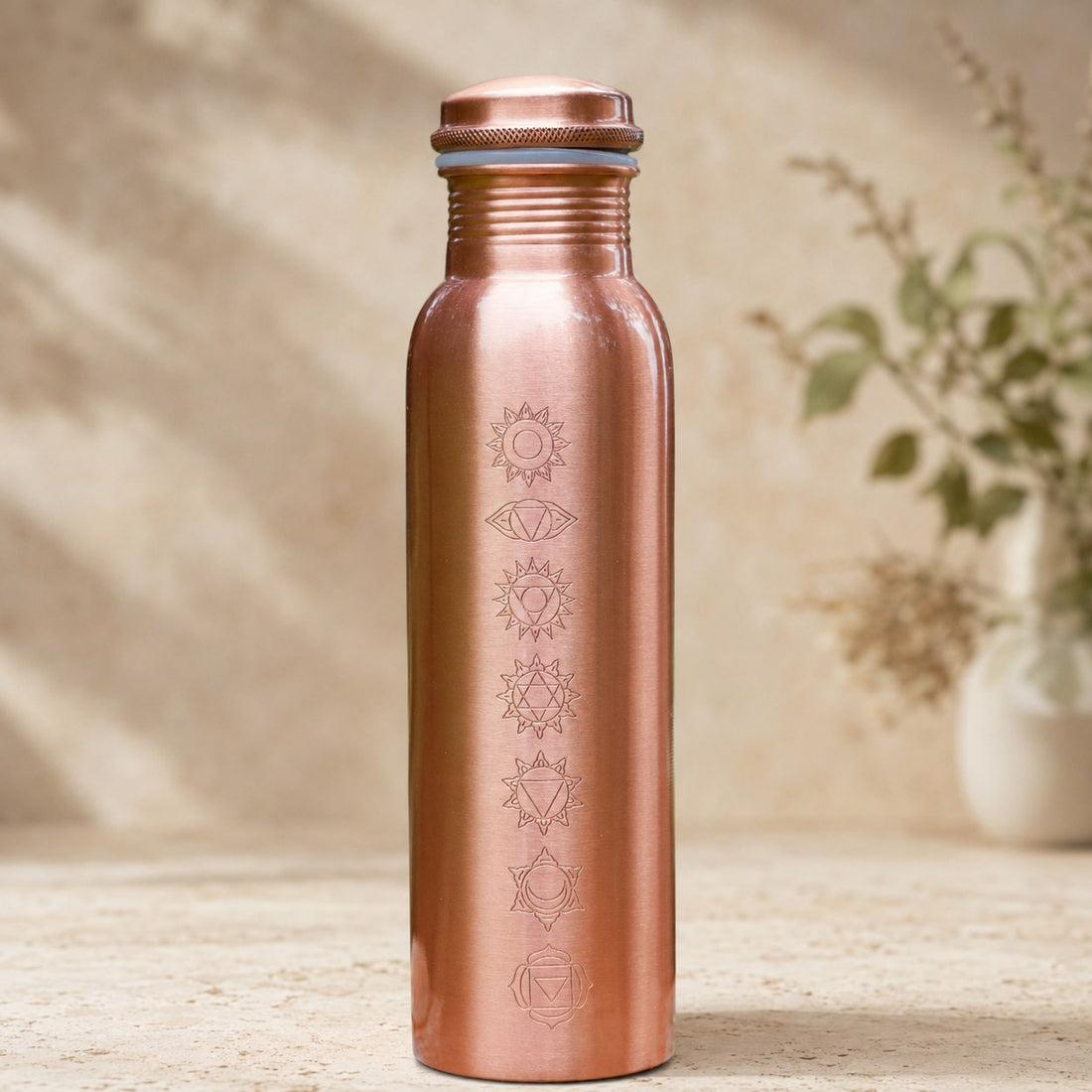 Sticlă Apă din Cupru Pur 99.89%, Model 7 Chakre, 950ml, Antibacteriană, India