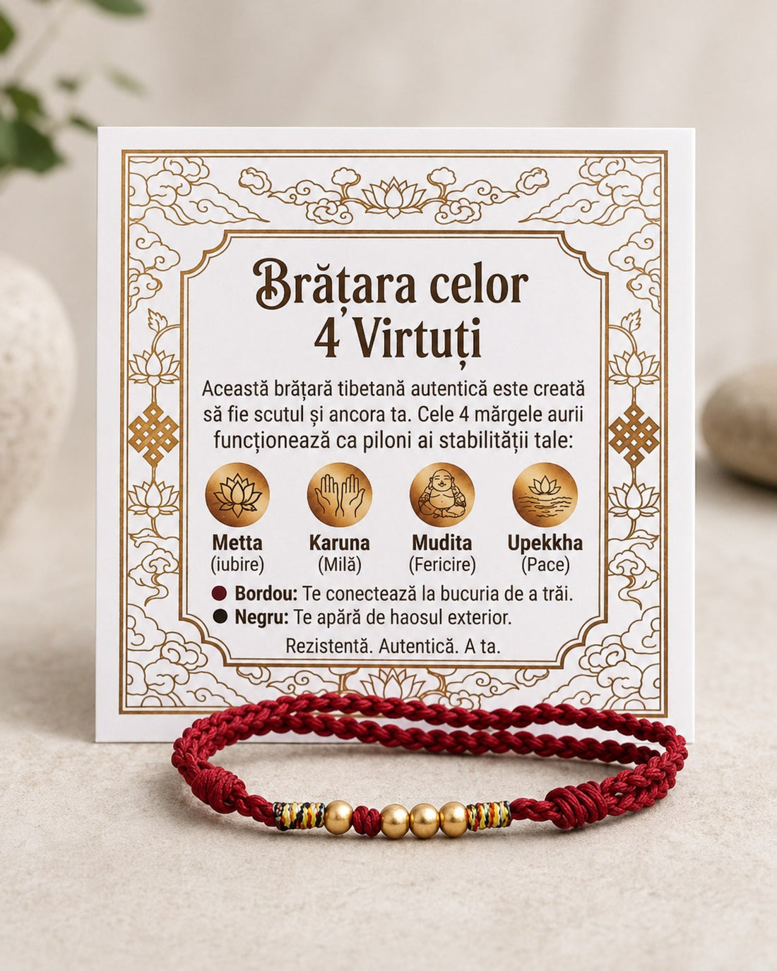 Brățară Tibetană "4 Piloni ai Armoniei", Șnur Vișiniu (Bordou) Împletit Manual cu Mărgele Aurite, Talisman Zen pentru Vitalitate, Noroc și Energie, Mărime Ajustabilă