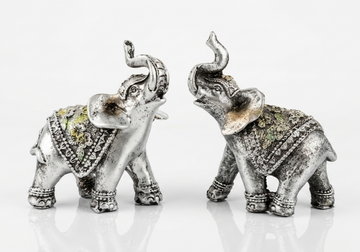 Set 2 figurine decorative Feng Shui, Elefanți cu trompa ridicată "Aducătorii de Sheng Chi" (Energie Vitală), Argintiu
