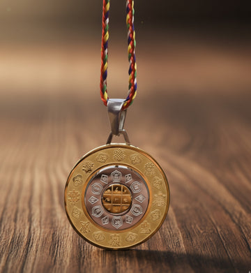 Pandantiv Amuletă Tibetană cu Cele 8 Simboluri, Roata Zodiacului și Silaba HRIH