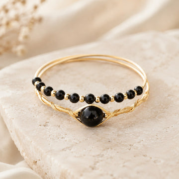 Brățară Dama Bangle „Aura Protectoare”, Obsidian Negru Natural și Fir Placat Aur 14K, Design Dublu Reglabil, Talisman Protecție