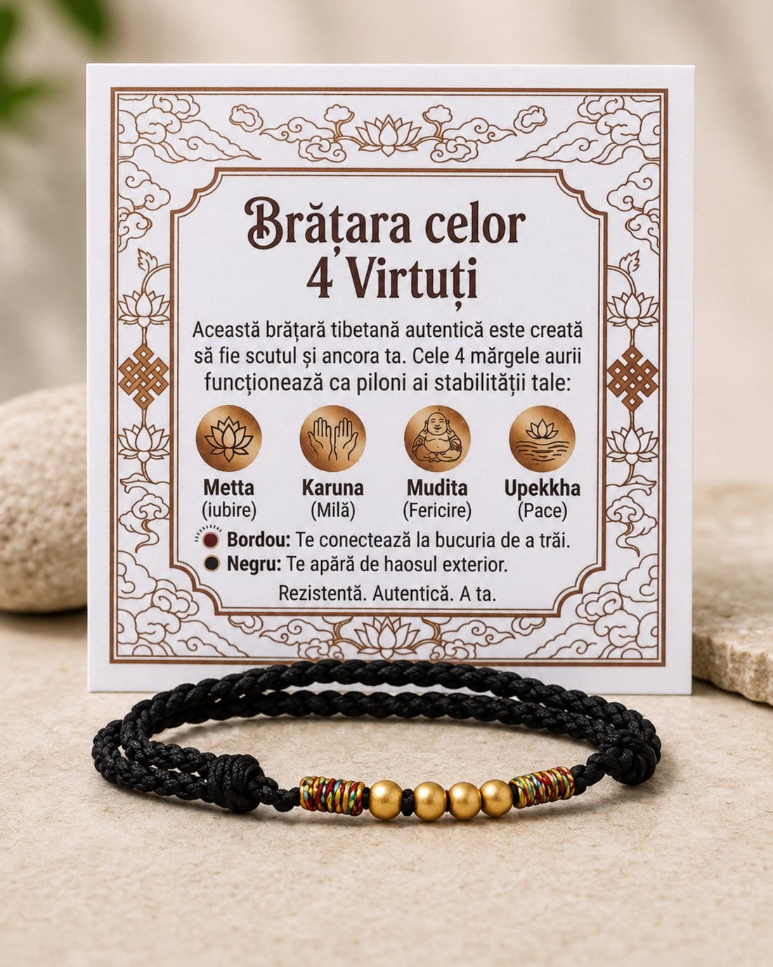 Brățară Tibetană "4 Piloni ai Armoniei", Șnur Negru Împletit Manual cu Mărgele Aurite, Talisman Zen pentru Protecție, Ancorare și Echilibru, Mărime Ajustabilă