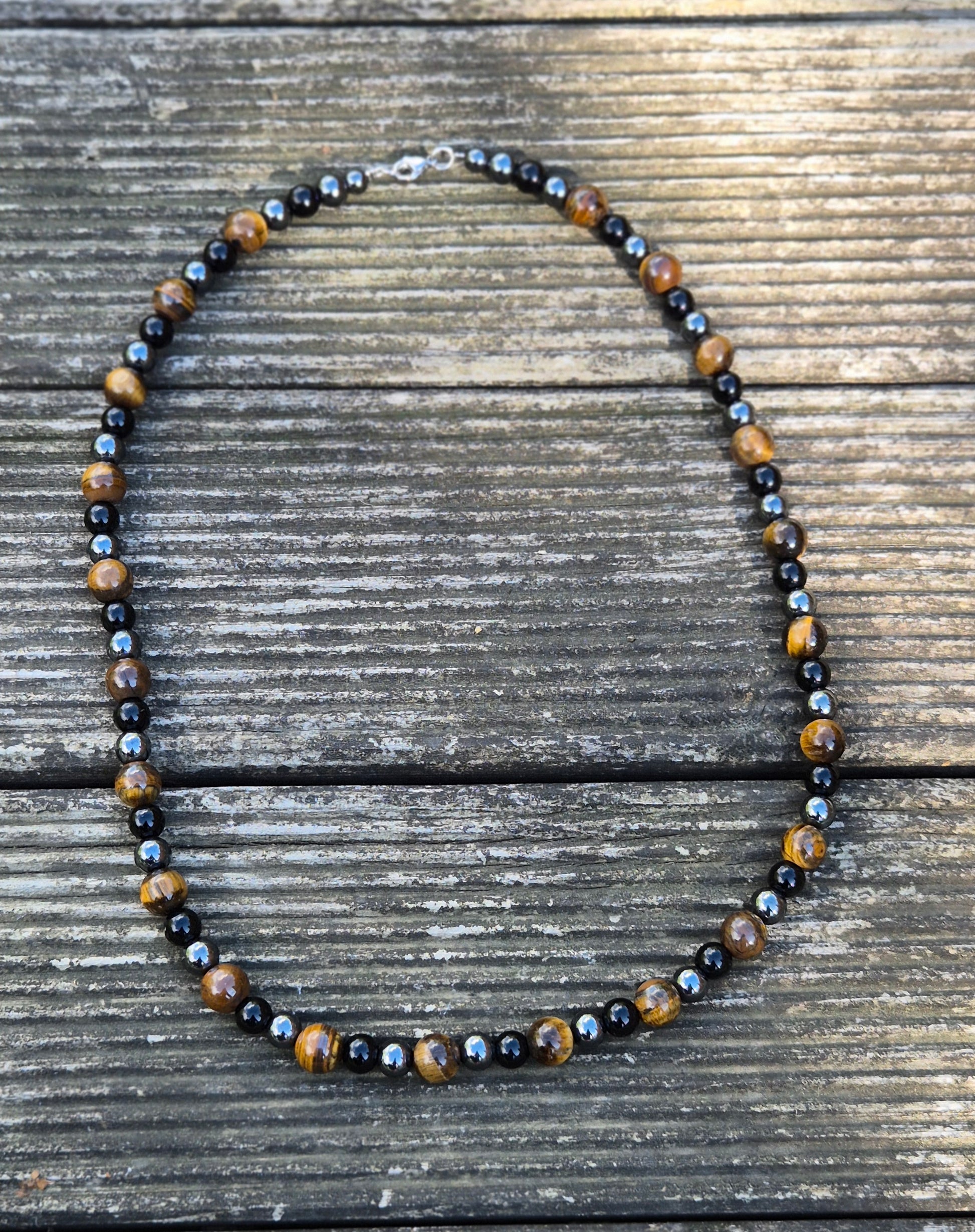 Colier bărbați tripla protectie : ochi de tigru, hematit, onix