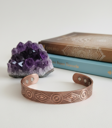 Brățară din cupru pur Helix, cu magneți neodim, reglabilă, design gravat geometric