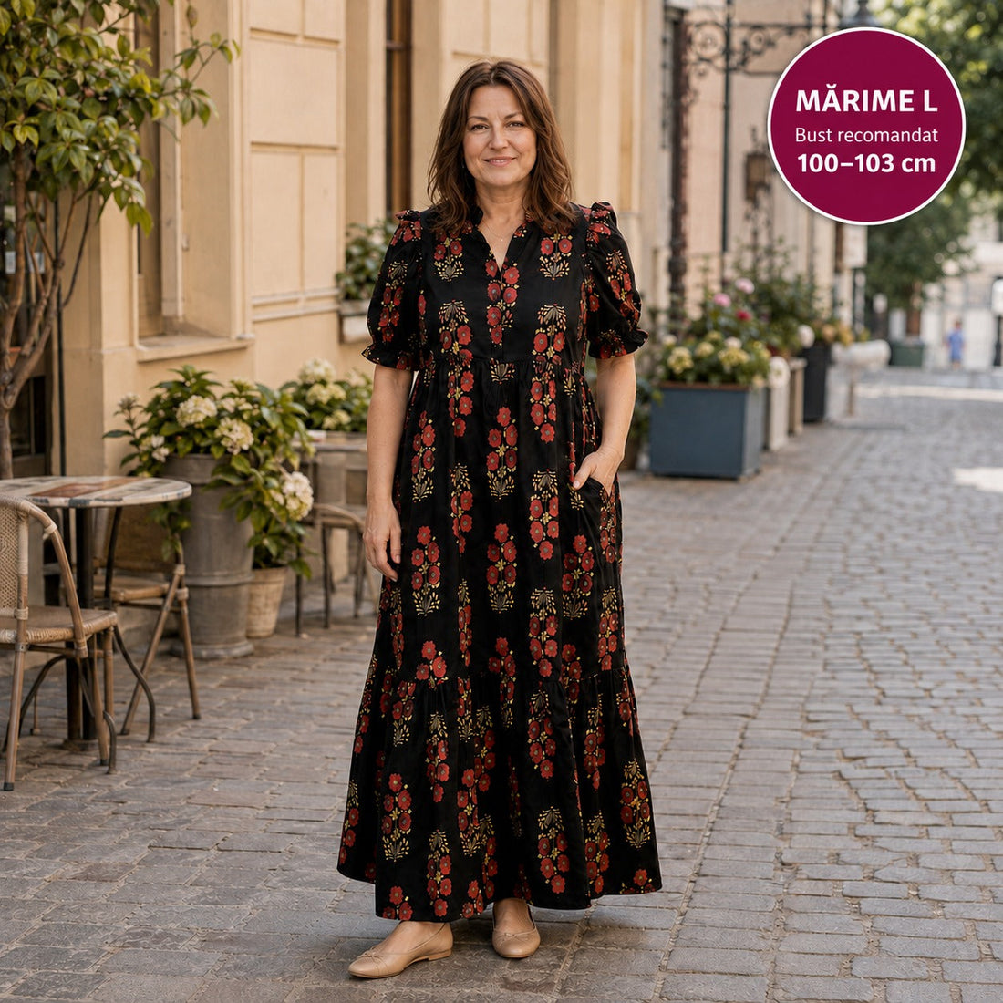 Rochie Persefona neagră din bumbac, purtată în mărimea L, bust recomandat 100–103 cm