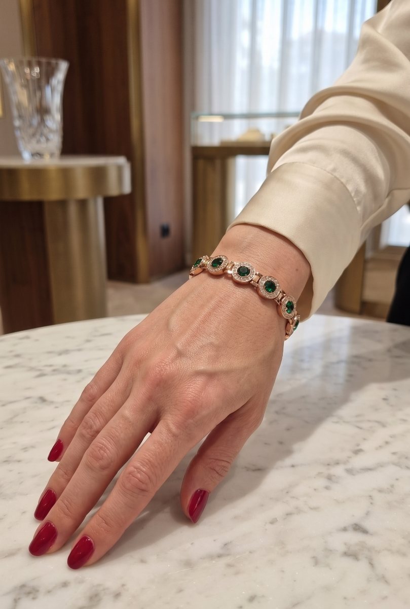 Bratara terapeutica dama "Royal Green", design regal cu pietre verzi si zirconiu, magneti Neodim, dispozitiv ajustare inclus, Rose Gold