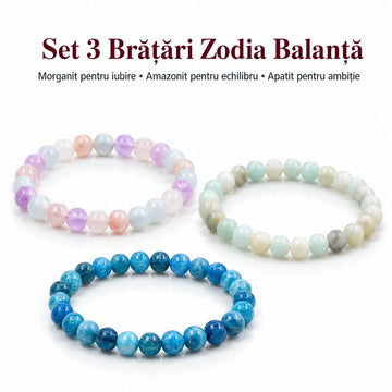 Set 3 brățări Zodia Balanță – Morganit pentru iubire • Amazonit pentru echilibru • Apatit pentru ambiție