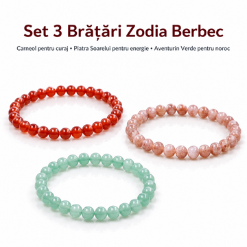Set 3 brățări Zodia Berbec – Carneol pentru curaj, Piatra Soarelui pentru energie și Aventurin Verde pentru noroc