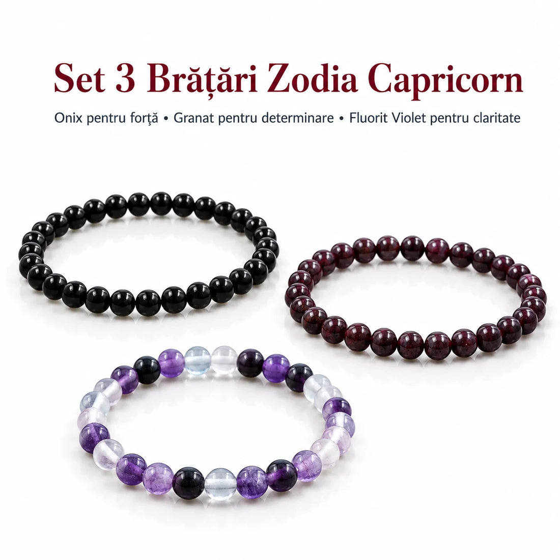 Set 3 brățări Zodia Capricorn – Onix, Granat și Fluorit Violet