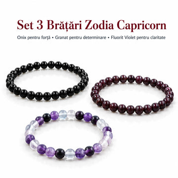 Set 3 brățări Zodia Capricorn – Onix, Granat și Fluorit Violet