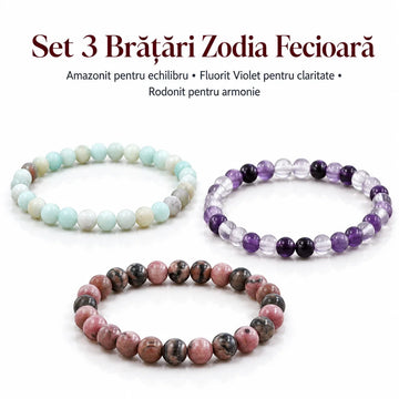 Set 3 brățări Zodia Fecioară – Amazonit pentru echilibru • Fluorit Violet pentru claritate • Rodonit pentru armonie