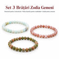 Set 3 brățări Zodia Gemeni – Amazonit pentru comunicare • Piatra Soarelui pentru creativitate • Unakit pentru armonie