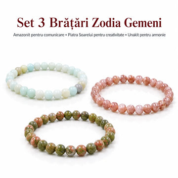 Set 3 brățări Zodia Gemeni – Amazonit pentru comunicare • Piatra Soarelui pentru creativitate • Unakit pentru armonie