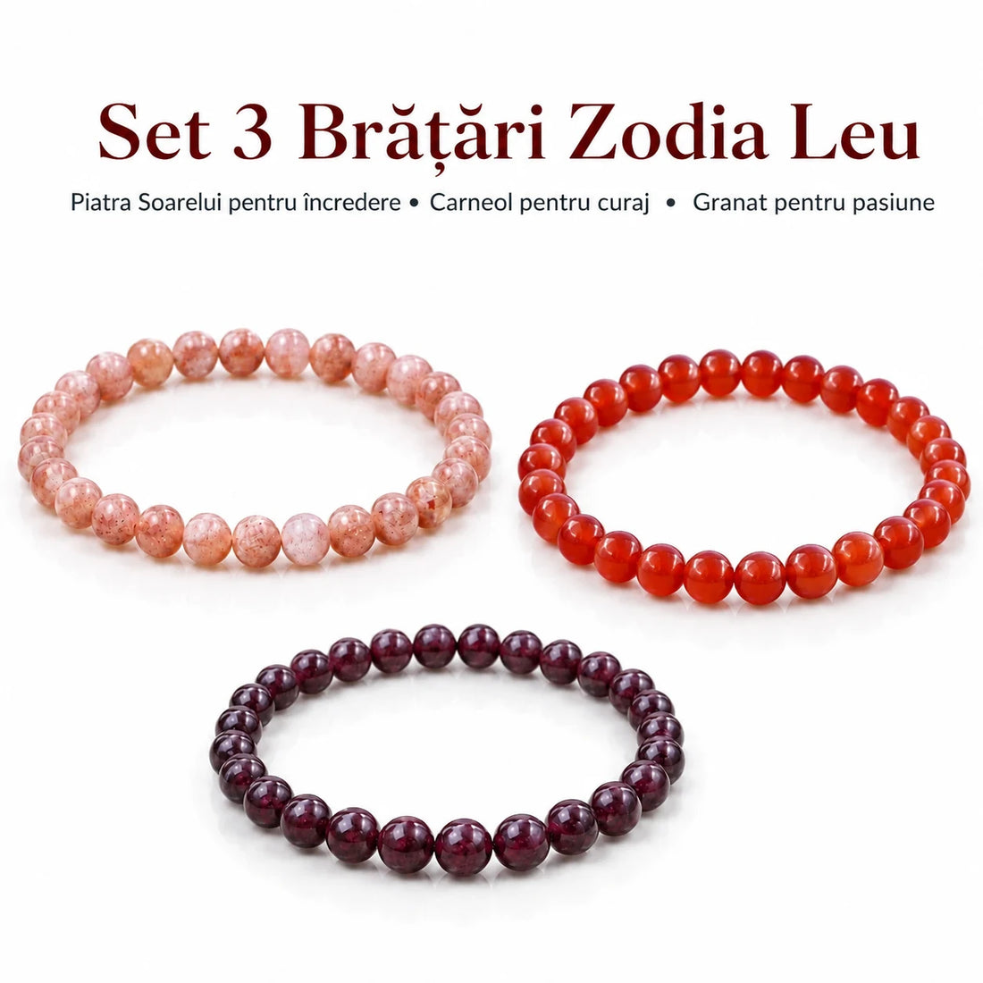 Set 3 brățări Zodia Leu – Piatra Soarelui, Carneol și Granat