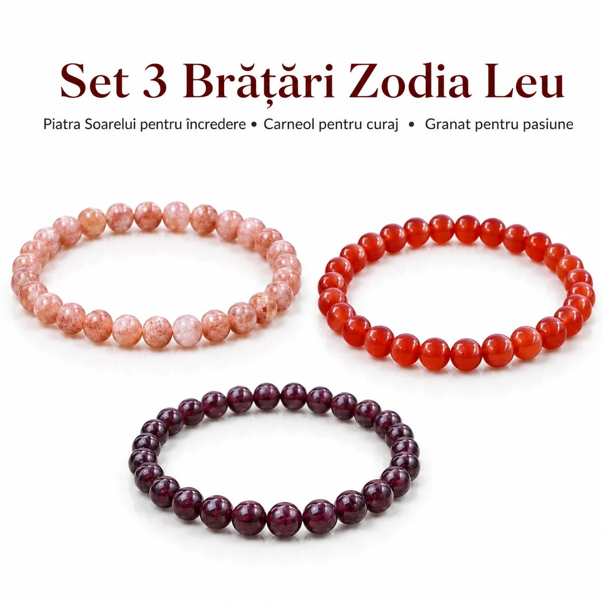 Set 3 brățări Zodia Leu – Piatra Soarelui, Carneol și Granat
