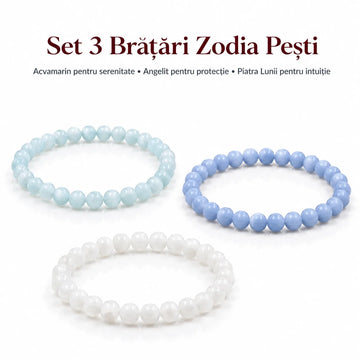 Set 3 brățări Zodia Pești – Acvamarin pentru serenitate • Angelit pentru protecție • Piatra Lunii pentru intuiție