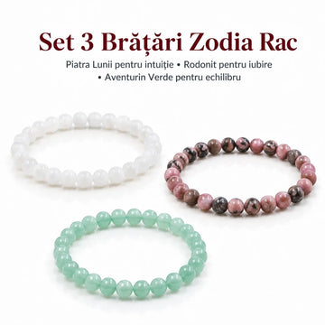 Set 3 brățări Zodia Rac – Piatra Lunii pentru intuiție • Rodonit pentru iubire • Aventurin Verde pentru echilibru