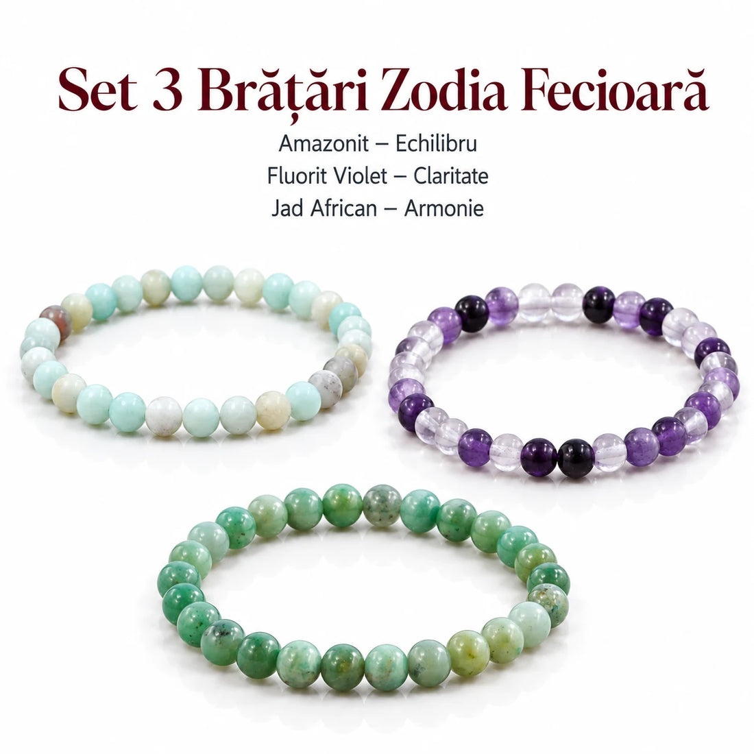 Set 3 brățări Zodia Fecioară: Amazonit, Fluorit Violet, Jad African, 6 mm
