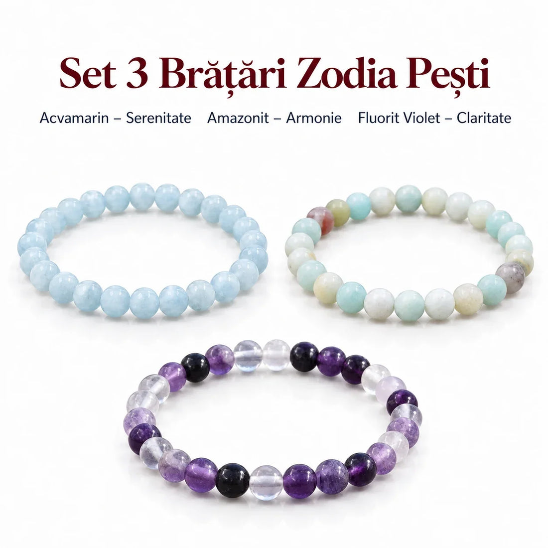 Set 3 brățări Zodia Pești: Acvamarin, Amazonit, Fluorit Violet, 6 mm