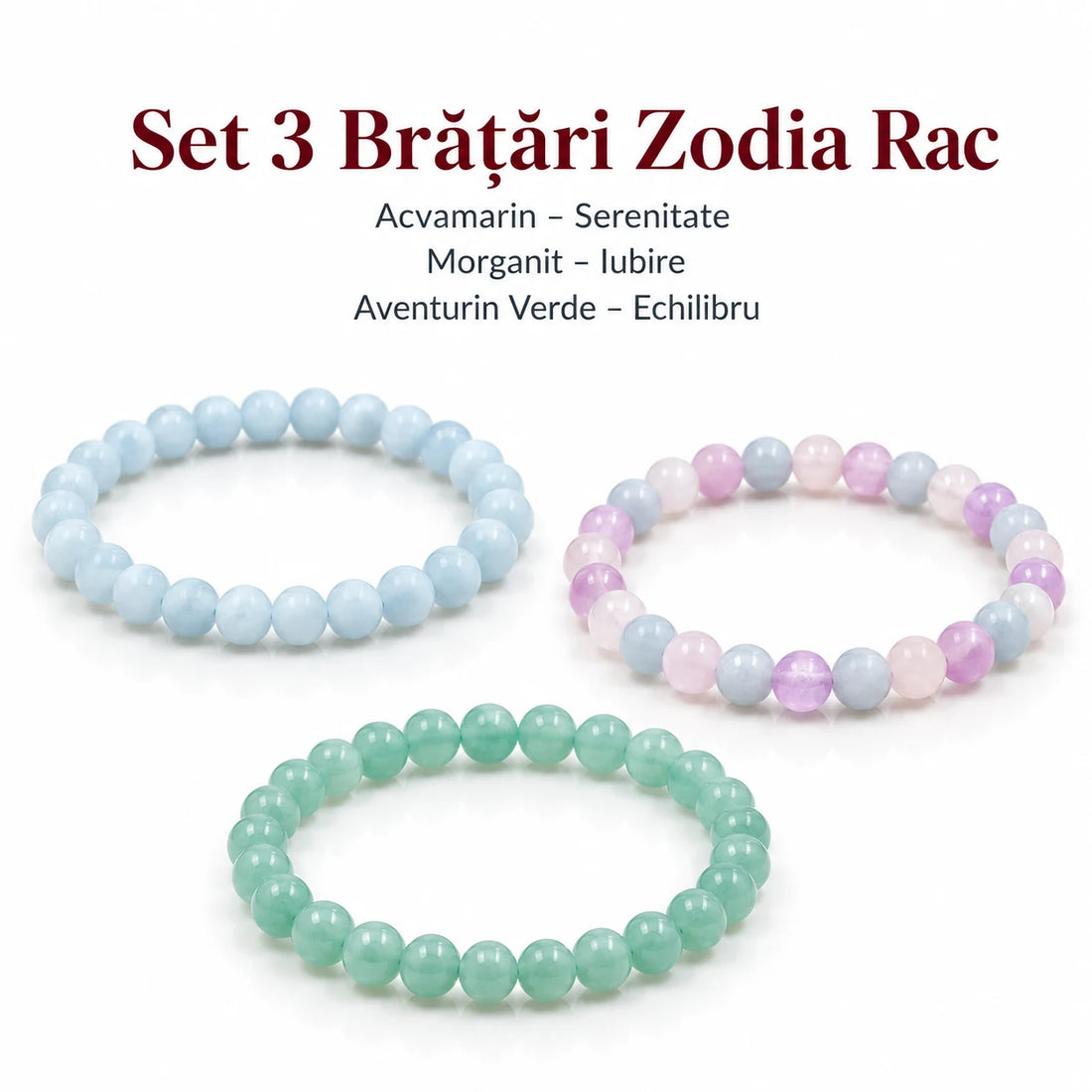 Set 3 brățări Zodia Rac: Acvamarin, Morganit, Aventurin Verde, 6 mm