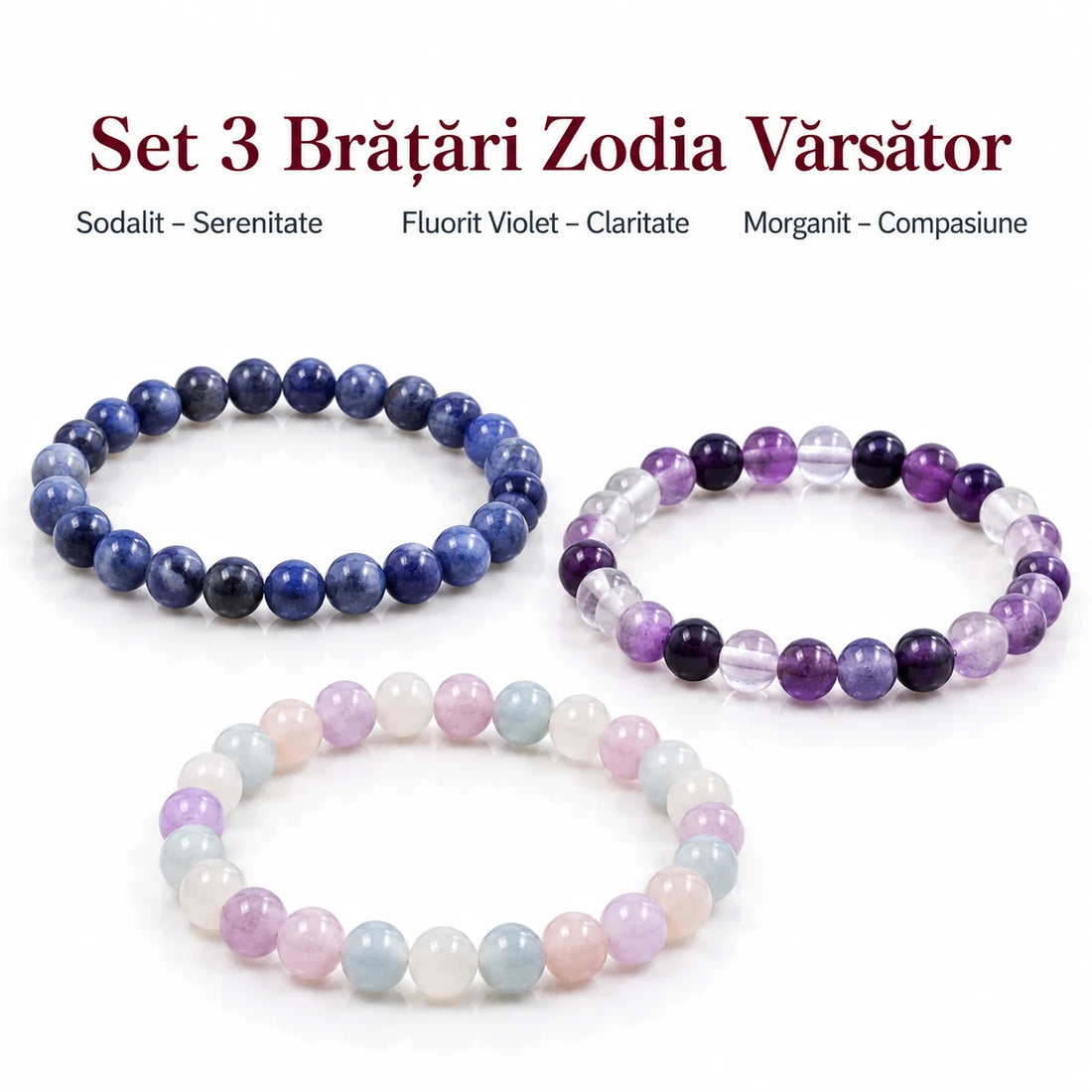 Set 3 brățări Zodia Vărsător: Sodalit, Fluorit Violet, Morganit, 6 mm