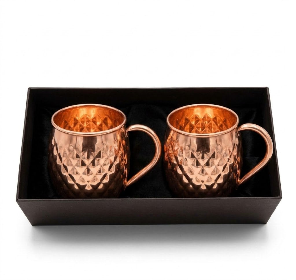 Set 2 Cani din Cupru Pur 100%, Model Diamond, Lucrate Manual, Capacitate 470 ml