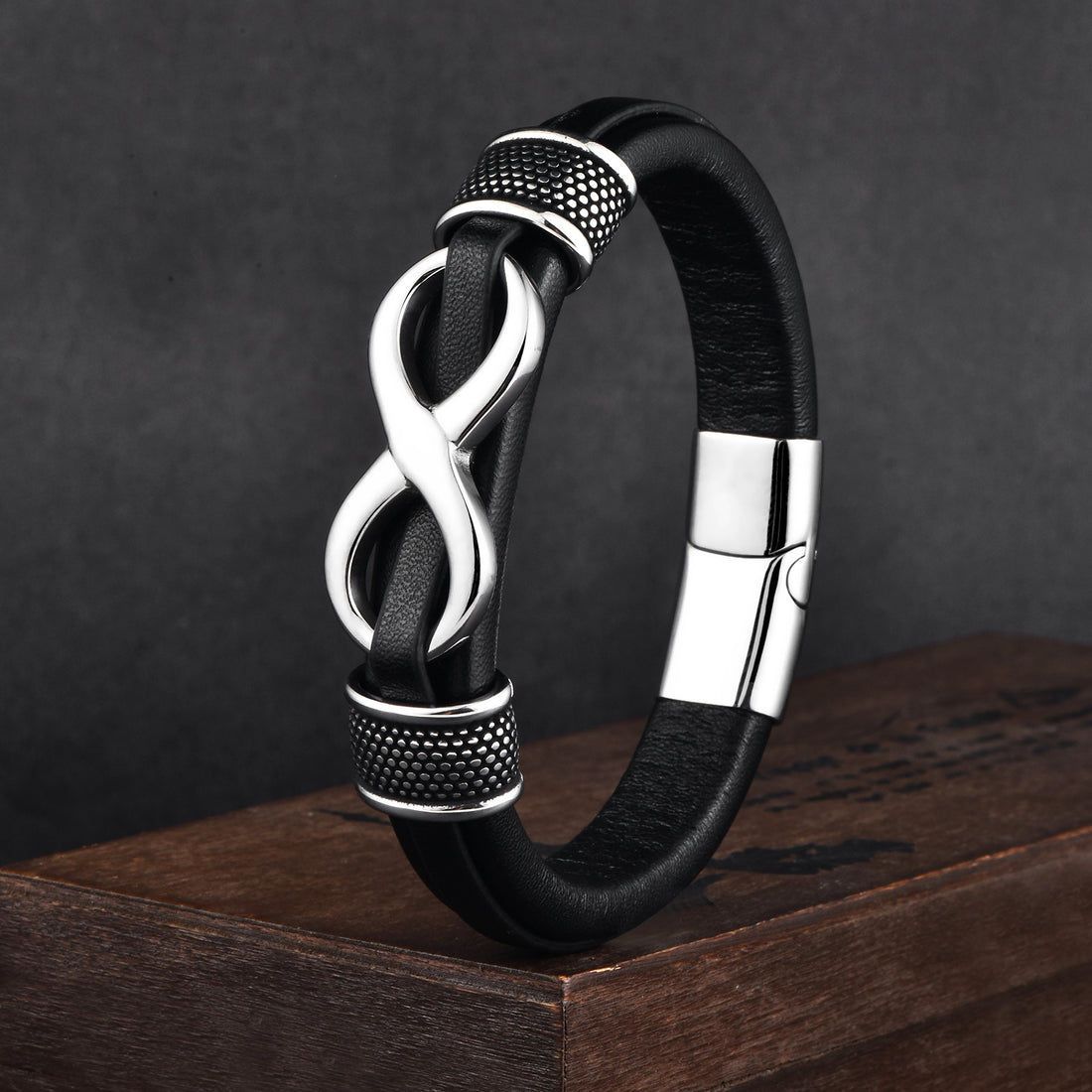 bratara din piele barbati - simbol infinit argintiu