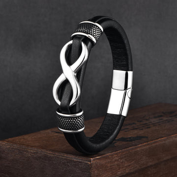 bratara din piele barbati - simbol infinit argintiu
