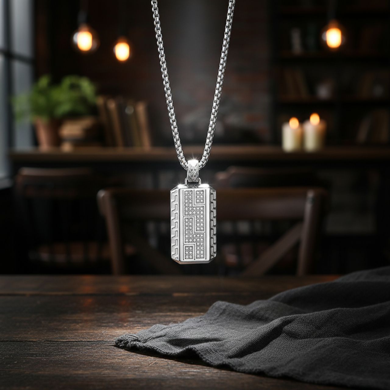 Un colier modern pentru bărbați, cu un lanț din oțel inoxidabil de tip box chain, lung de 60 cm, și un medalion rectangular masiv (4x2 cm). Medalionul este decorat cu cristale de zirconiu dispuse într-un model geometric, adăugând strălucire.
