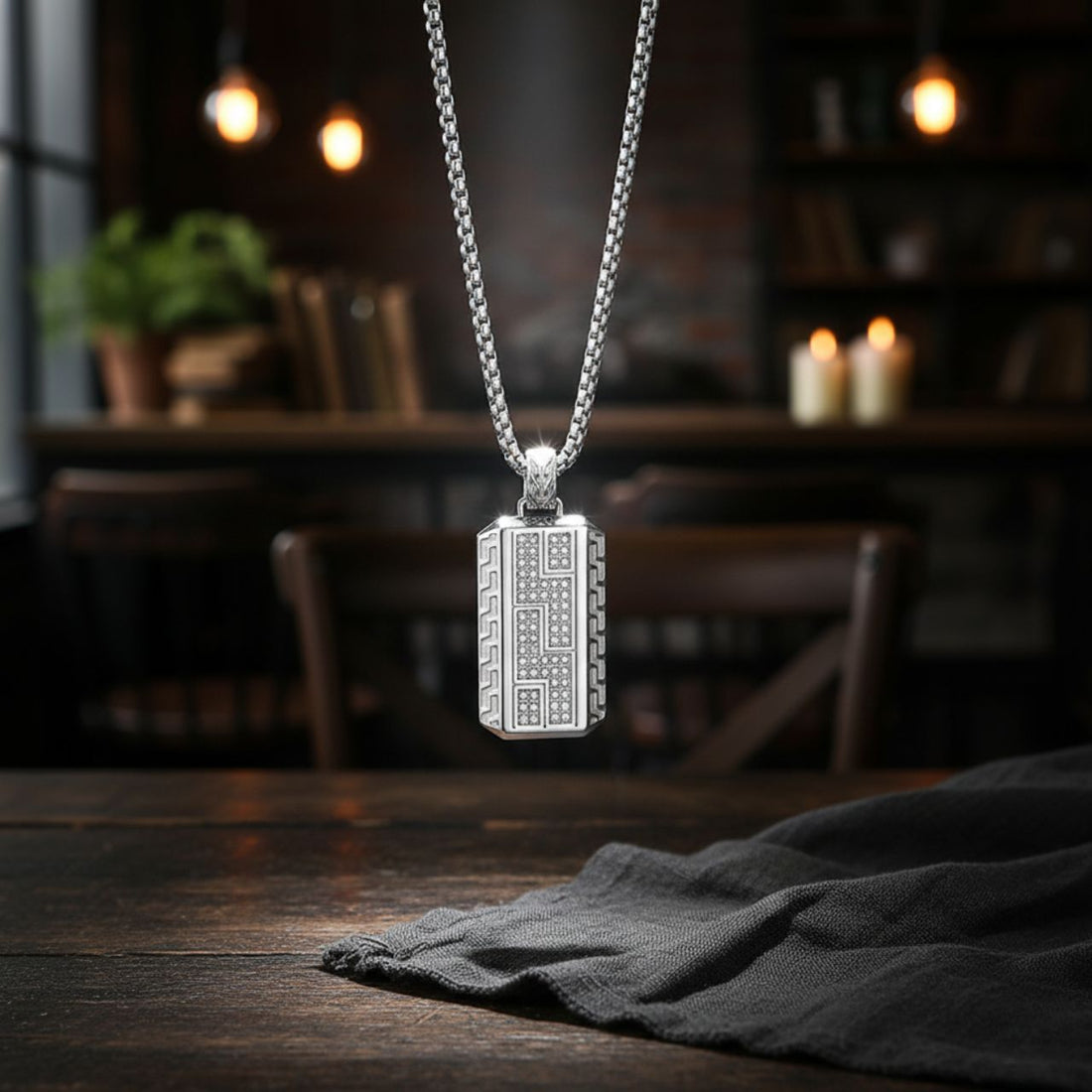 Un colier modern pentru bărbați, cu un lanț din oțel inoxidabil de tip box chain, lung de 60 cm, și un medalion rectangular masiv (4x2 cm). Medalionul este decorat cu cristale de zirconiu dispuse într-un model geometric, adăugând strălucire.